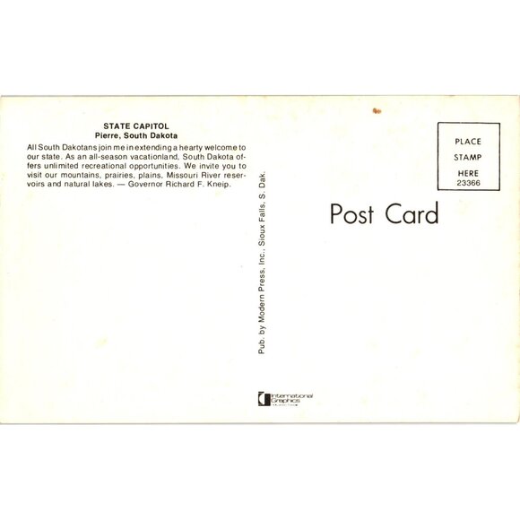 Vintage Postcard Of South Dakota State Capitol With Governor Richard F. Kneip - Picture 2 of 2